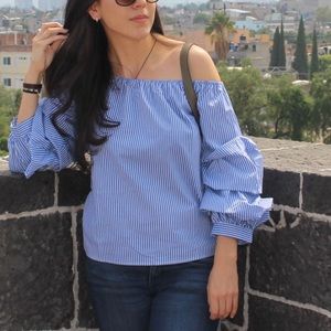 Blue and White Striped Over the Shoulder Top